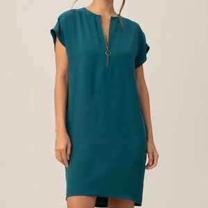 Trina Turk Hasil Zip Shift Dress‎ Size Small Short Sleeve Zip Front Teal NWT